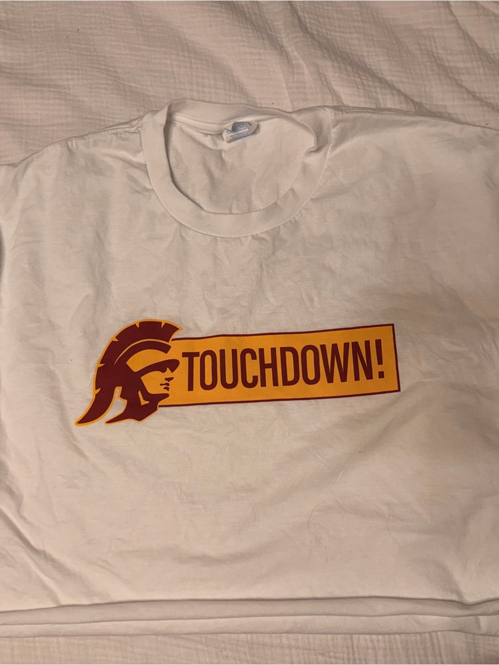 White USC Crop Top with Bold Gold & Maroon Touchdown Graphic